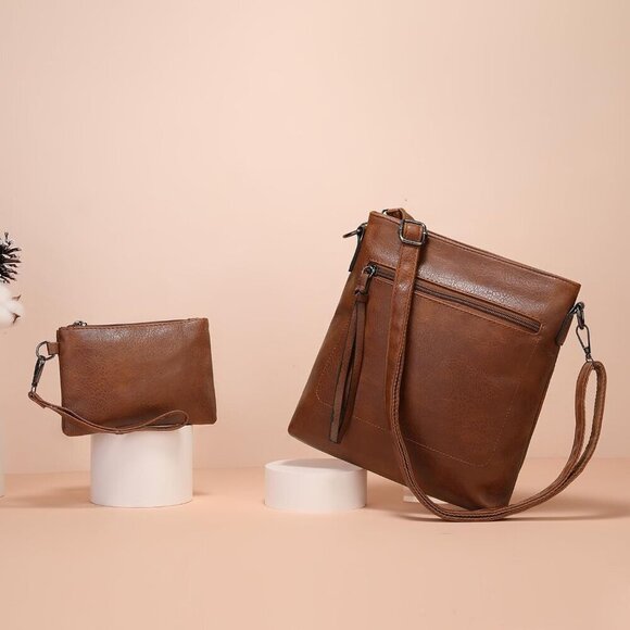 Blucoay 2PCS/Set Crossbody Bags Purses for Women,Large  Crossbody Bag Purse Women Leather 2PCS Set Travel Small Lightweight Shoulder